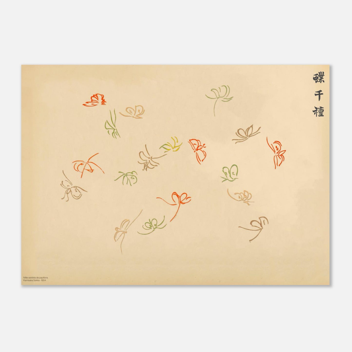 Planche de papillons rouges, verts et jaunes - Kamisaka Sekka, Chō senshu (50x70 cm). Illustration sur fond beige d'une composition de papillons aux traits fins dans des tons de rouge, de vert et de jaune, disposés de manière aérienne, avec une calligraphie noire.