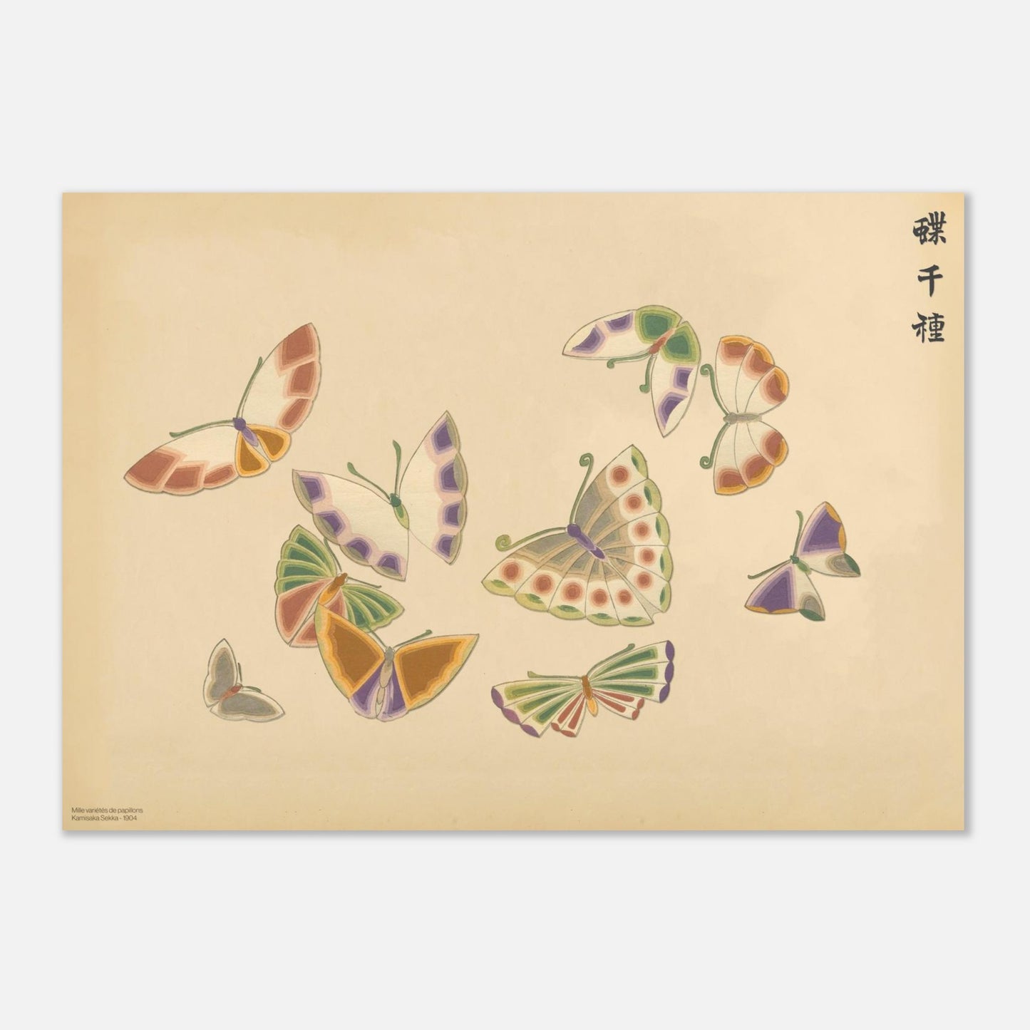 Planche de papillons stylisés aux tons pastels - Kamisaka Sekka (42x59,4 cm (A2)). Planche naturaliste de plusieurs papillons aux ailes stylisées aux teintes pastel, vert, violet, orange et blanc cassé, sur un fond beige.