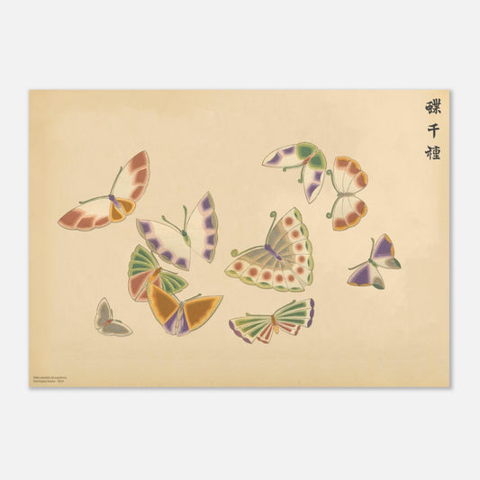 Planche de papillons stylisés aux tons pastels - Kamisaka Sekka (42x59,4 cm (A2)). Planche naturaliste de plusieurs papillons aux ailes stylisées aux teintes pastel, vert, violet, orange et blanc cassé, sur un fond beige.