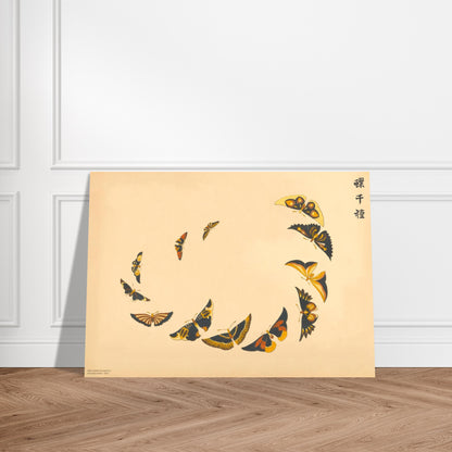 Planche de papillons en spirale jaune et orange de Sekka. Estampe de Kamisaka Sekka représentant une collection de papillons aux ailes jaunes, oranges et noires disposés en spirale sur un fond beige. Image d'illustration 3