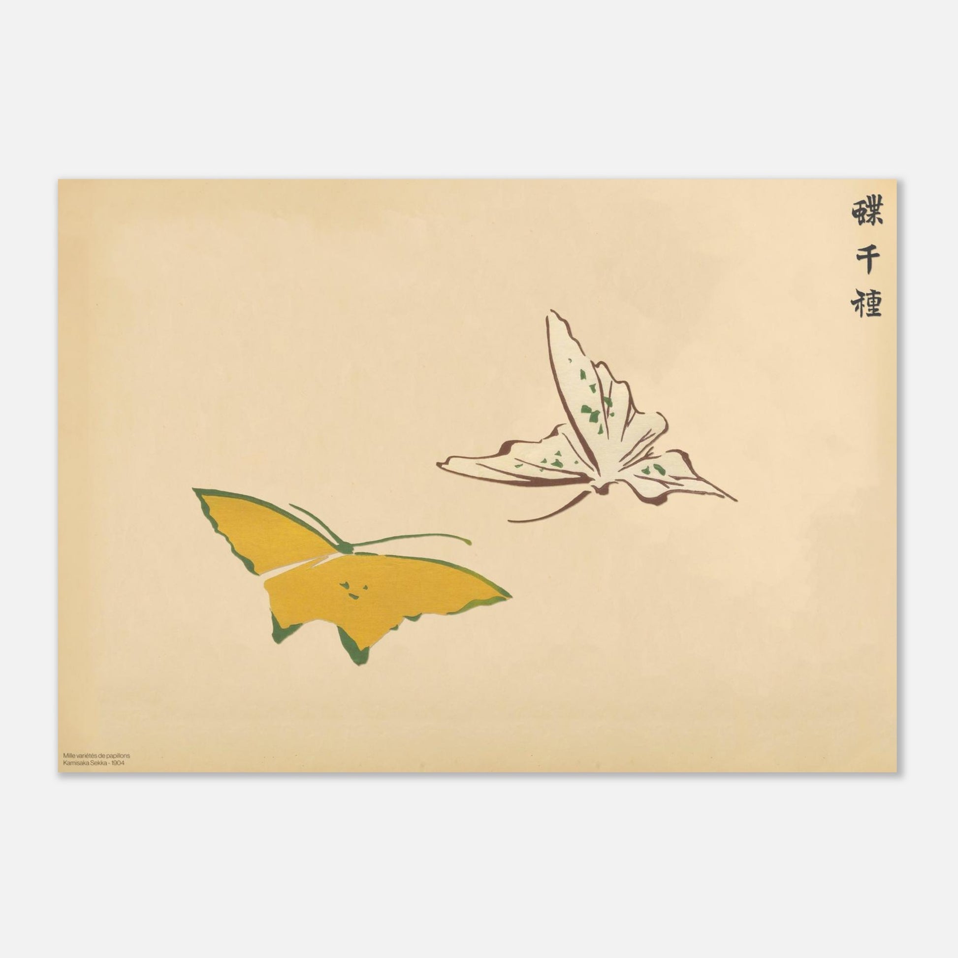 Planche de papillons stylisés jaune et blanc par Kamisaka Sekka (29,7x42 cm (A3)). Illustration de deux papillons stylisés, l'un jaune avec des touches vertes, l'autre blanc avec des points verts, sur un fond beige, avec des inscriptions japonaises en haut à droite et un texte descriptif en bas à gauche.