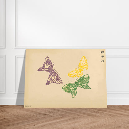 Planche de papillons stylisés aux tons violet, jaune et vert - Kamisaka Sekka. Gravure de Kamisaka Sekka montrant trois papillons stylisés aux couleurs vives : violet, jaune et vert. Image d'illustration 3