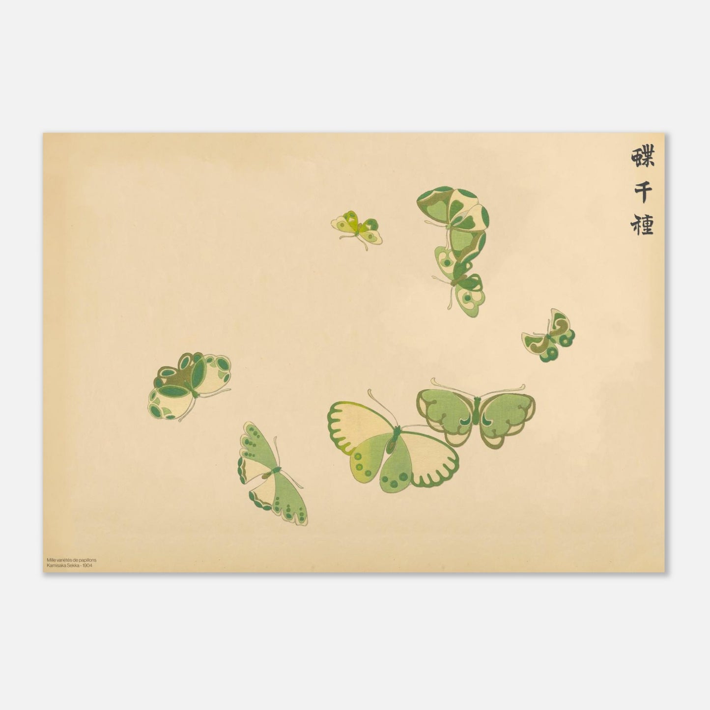 Planche de papillons en arc de cercle - Kamisaka Sekka (29,7x42 cm (A3)). Gravure de la collection Mille variétés de papillons, représentant plusieurs papillons aux ailes vertes et jaunes, disposés en arc de cercle sur un fond beige.