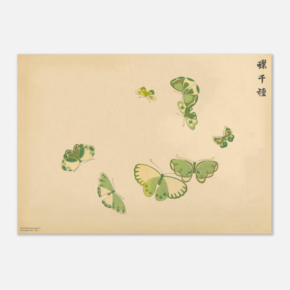 Planche de papillons en arc de cercle - Kamisaka Sekka (42x59,4 cm (A2)). Gravure de la collection Mille variétés de papillons, représentant plusieurs papillons aux ailes vertes et jaunes, disposés en arc de cercle sur un fond beige.