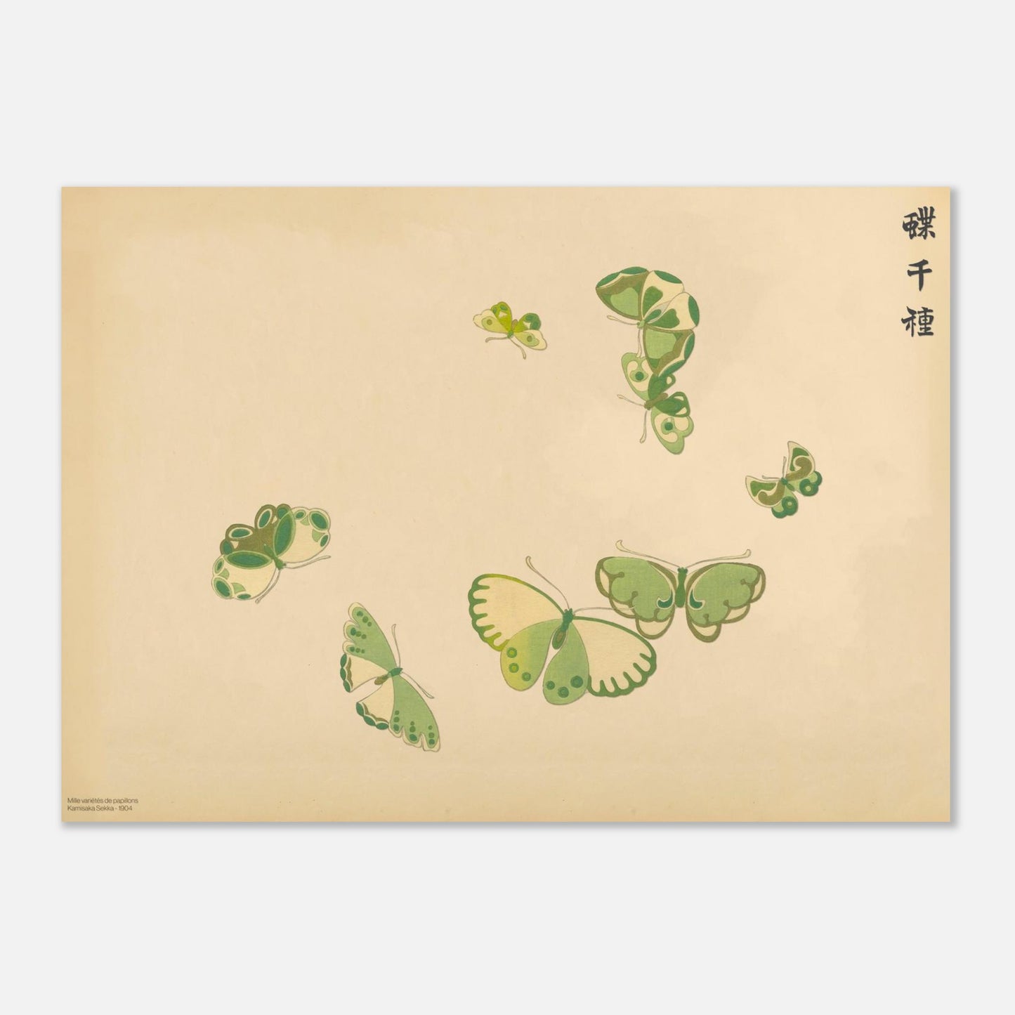 Planche de papillons en arc de cercle - Kamisaka Sekka (50x70 cm). Gravure de la collection Mille variétés de papillons, représentant plusieurs papillons aux ailes vertes et jaunes, disposés en arc de cercle sur un fond beige.