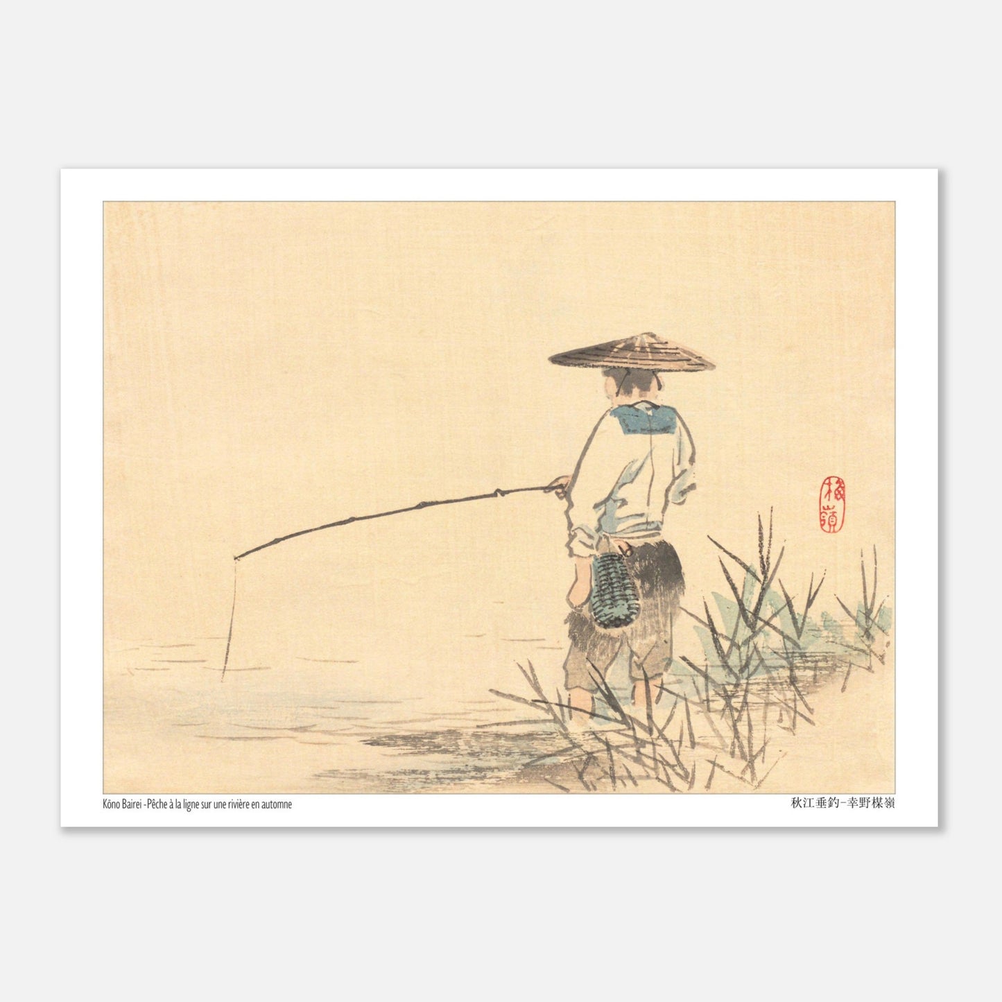 Planche Pêche sur une rivière en automne de Kōno Bairei (15x20 cm). Estampe japonaise de Kōno Bairei représentant un pêcheur sous un chapeau conique, tenant une canne à pêche au bord d'une rivière.
