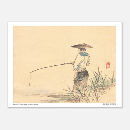 Planche Pêche sur une rivière en automne de Kōno Bairei (15x20 cm). Estampe japonaise de Kōno Bairei représentant un pêcheur sous un chapeau conique, tenant une canne à pêche au bord d'une rivière.