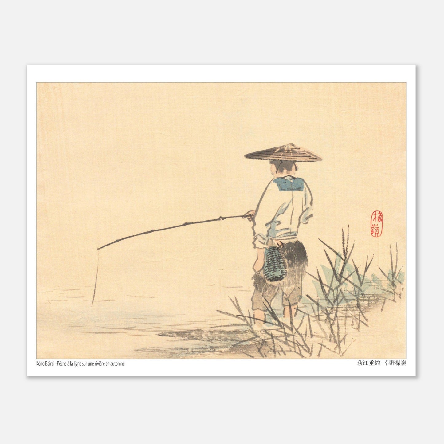 Planche Pêche sur une rivière en automne de Kōno Bairei (20x25 cm). Estampe japonaise de Kōno Bairei représentant un pêcheur sous un chapeau conique, tenant une canne à pêche au bord d'une rivière.