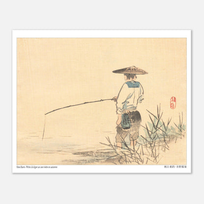 Planche Pêche sur une rivière en automne de Kōno Bairei (20x25 cm). Estampe japonaise de Kōno Bairei représentant un pêcheur sous un chapeau conique, tenant une canne à pêche au bord d'une rivière.
