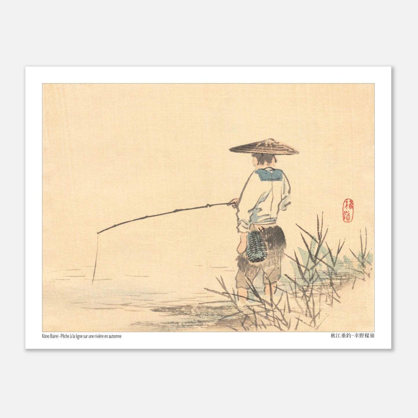 Planche Pêche sur une rivière en automne de Kōno Bairei (27x35 cm). Estampe japonaise de Kōno Bairei représentant un pêcheur sous un chapeau conique, tenant une canne à pêche au bord d'une rivière.