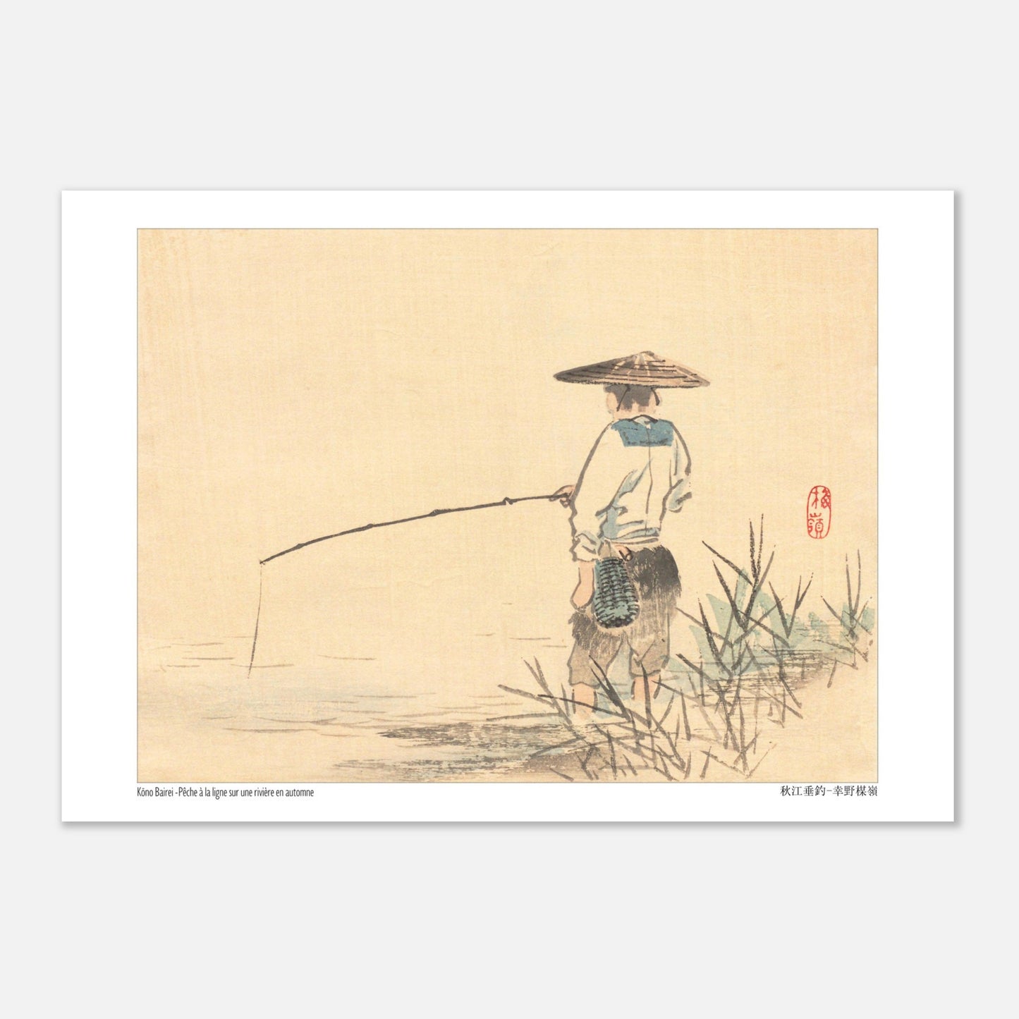 Planche Pêche sur une rivière en automne de Kōno Bairei (29,7x42 cm (A3)). Estampe japonaise de Kōno Bairei représentant un pêcheur sous un chapeau conique, tenant une canne à pêche au bord d'une rivière.