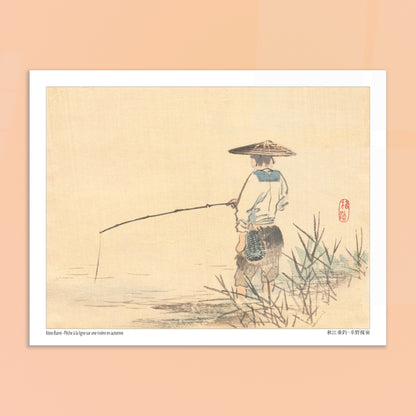 Planche Pêche sur une rivière en automne de Kōno Bairei. Estampe japonaise de Kōno Bairei représentant un pêcheur sous un chapeau conique, tenant une canne à pêche au bord d'une rivière. Image d'illustration 5