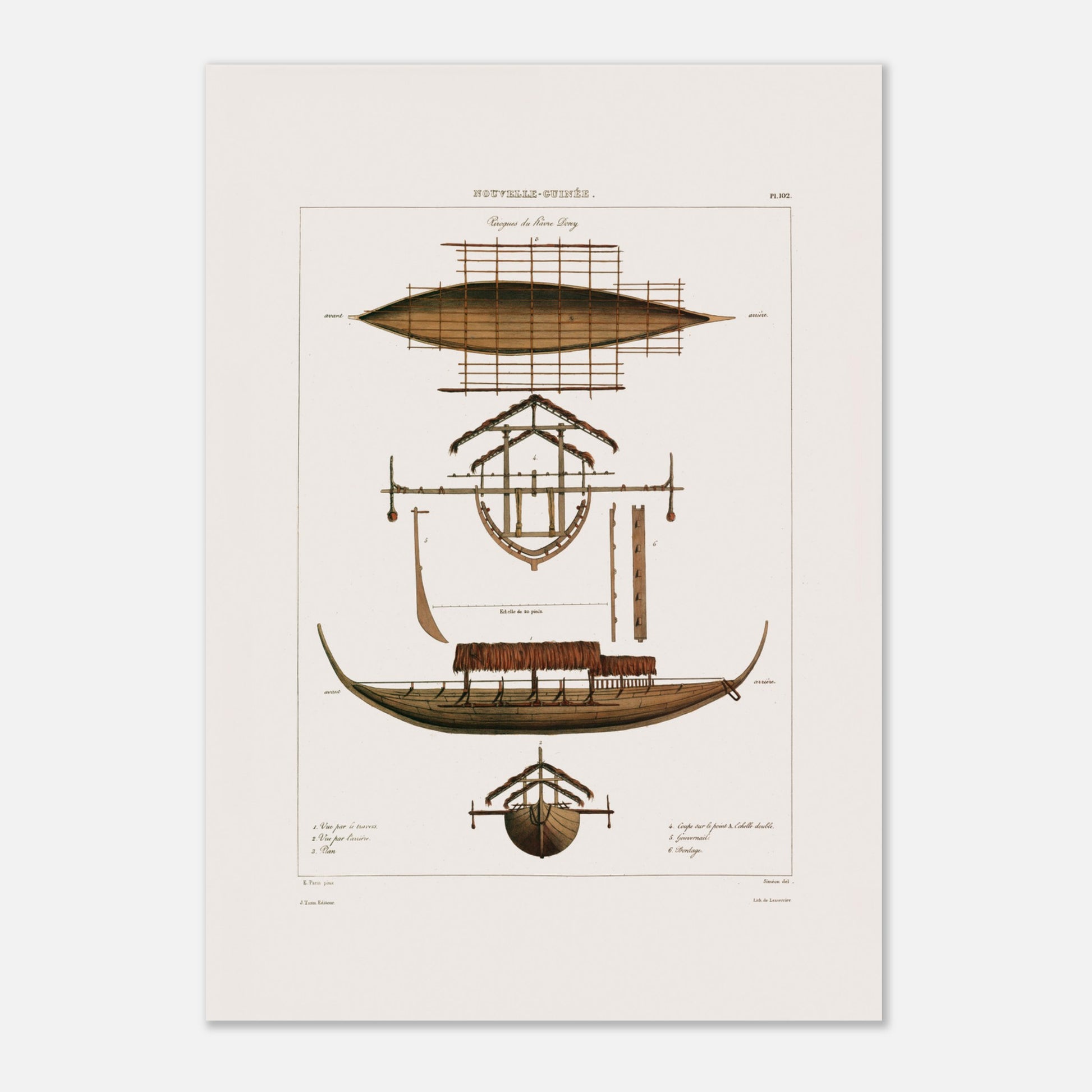 Planche : Grande pirogue Corocore de Nouvelle-Guinée (Astrolabe) (29,7x42 cm (A3)). Gravure ancienne représentant des pirogues de Nouvelle-Guinée, avec des vues en plan, coupe et élévation, détaillant la structure et les0paddles.