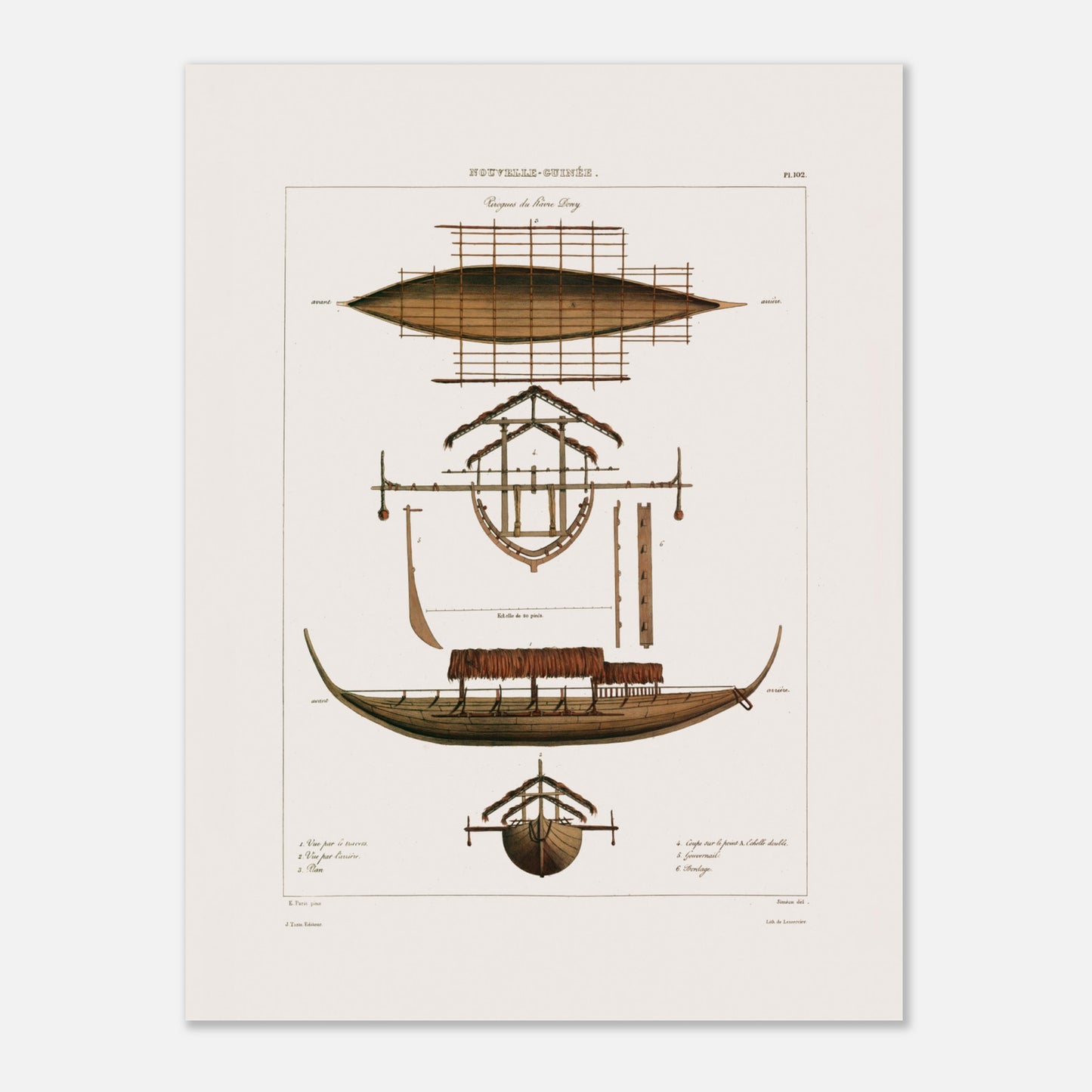 Planche : Grande pirogue Corocore de Nouvelle-Guinée (Astrolabe) (30x40 cm). Gravure ancienne représentant des pirogues de Nouvelle-Guinée, avec des vues en plan, coupe et élévation, détaillant la structure et les0paddles.