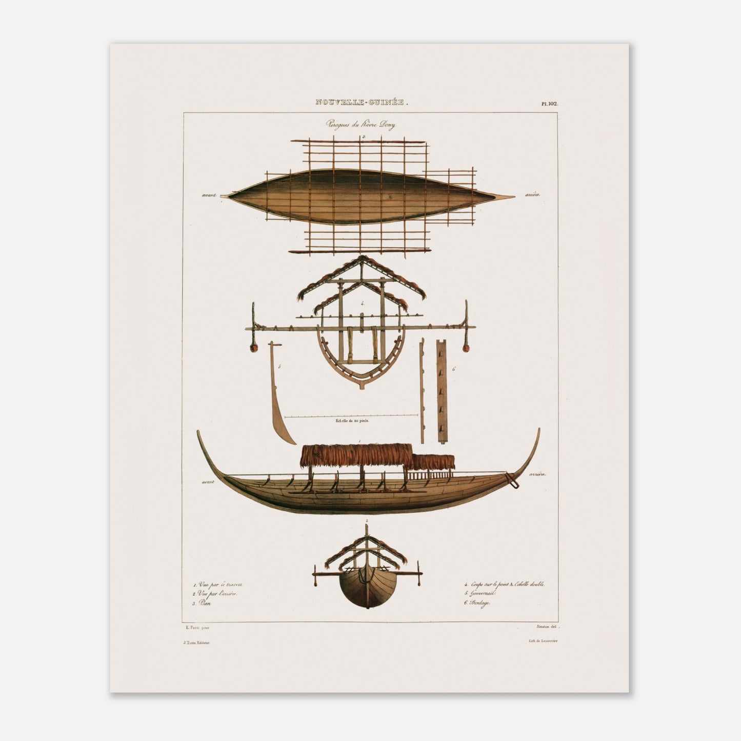 Planche : Grande pirogue Corocore de Nouvelle-Guinée (Astrolabe) (40x50 cm). Gravure ancienne représentant des pirogues de Nouvelle-Guinée, avec des vues en plan, coupe et élévation, détaillant la structure et les0paddles.