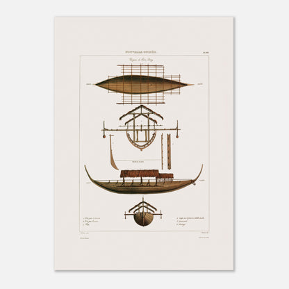 Planche : Grande pirogue Corocore de Nouvelle-Guinée (Astrolabe) (42x59,4 cm (A2)). Gravure ancienne représentant des pirogues de Nouvelle-Guinée, avec des vues en plan, coupe et élévation, détaillant la structure et les0paddles.