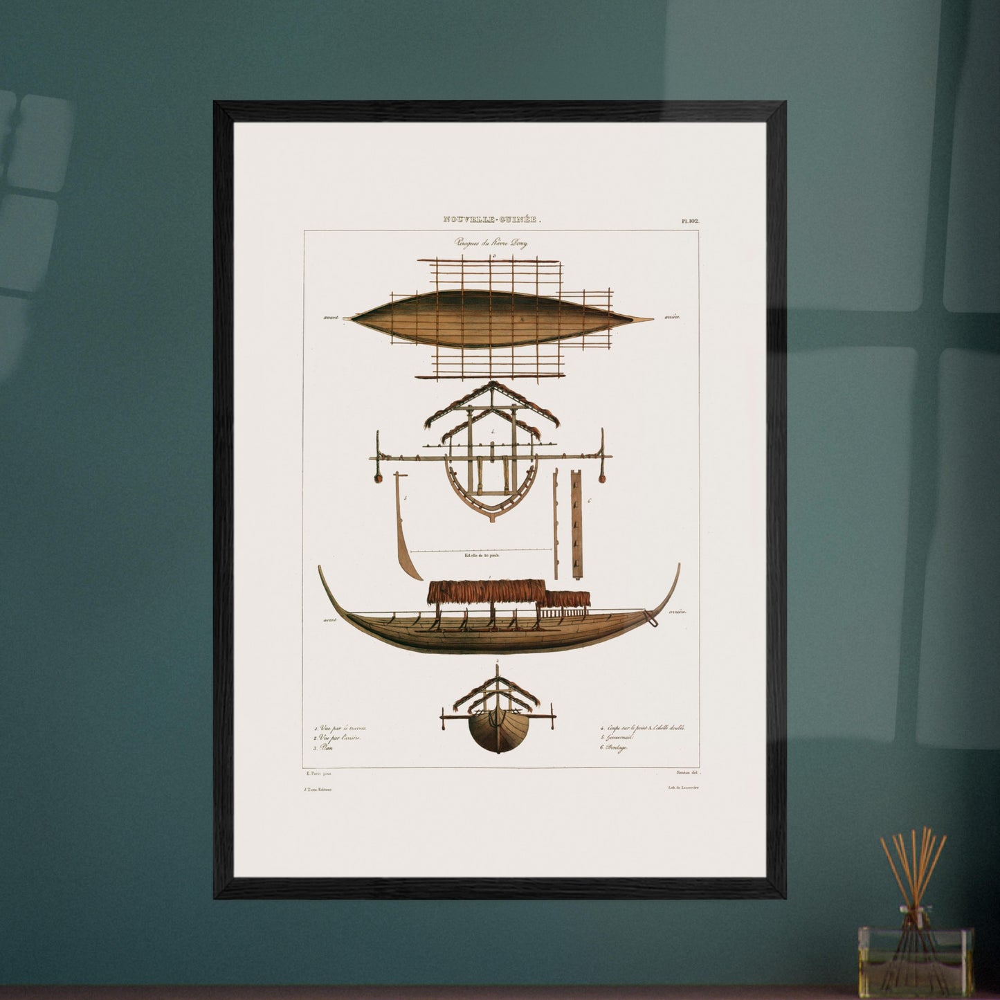 Planche : Grande pirogue Corocore de Nouvelle-Guinée (Astrolabe). Gravure ancienne représentant des pirogues de Nouvelle-Guinée, avec des vues en plan, coupe et élévation, détaillant la structure et les0paddles. Image d'illustration 5