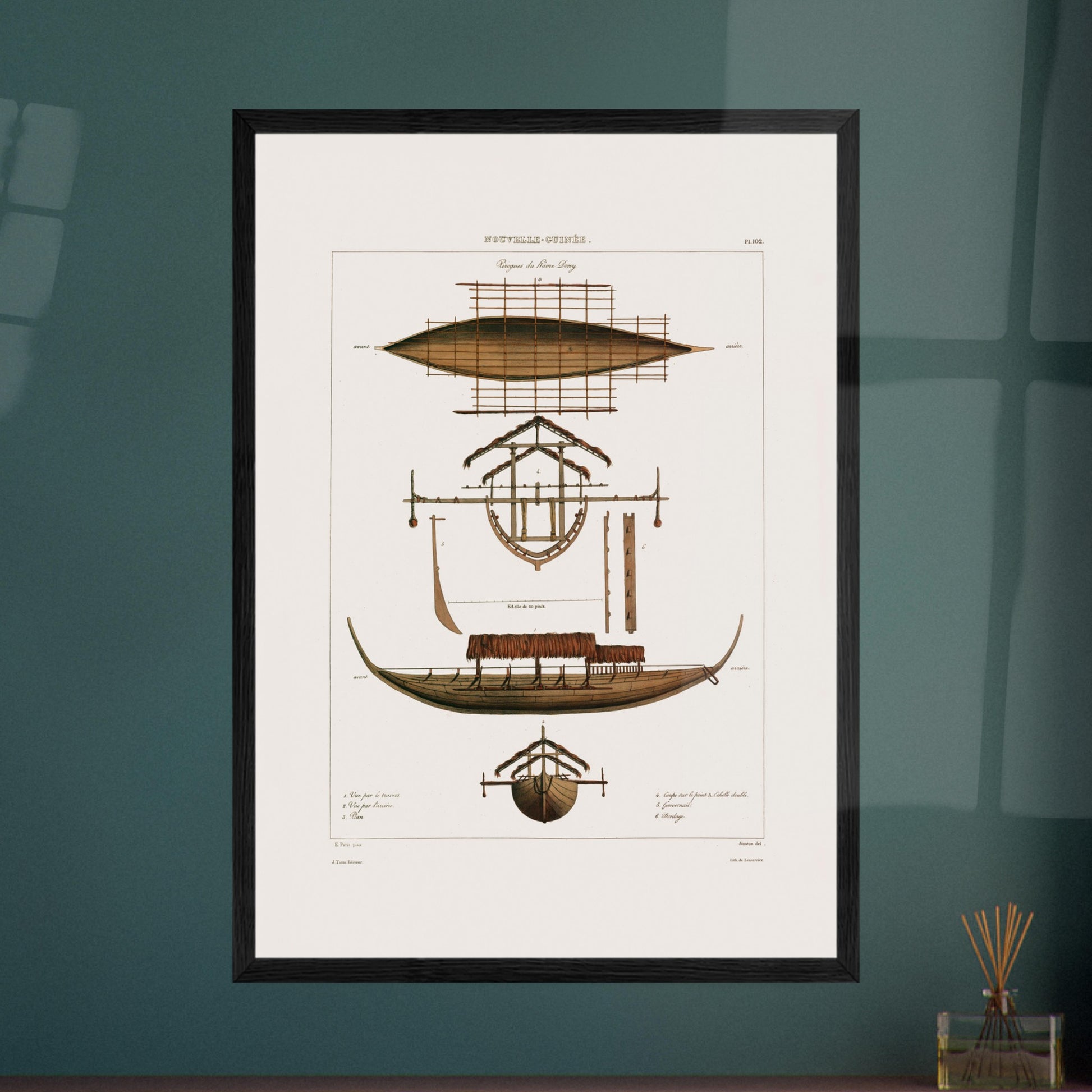 Planche : Grande pirogue Corocore de Nouvelle-Guinée (Astrolabe). Gravure ancienne représentant des pirogues de Nouvelle-Guinée, avec des vues en plan, coupe et élévation, détaillant la structure et les0paddles. Image d'illustration 5