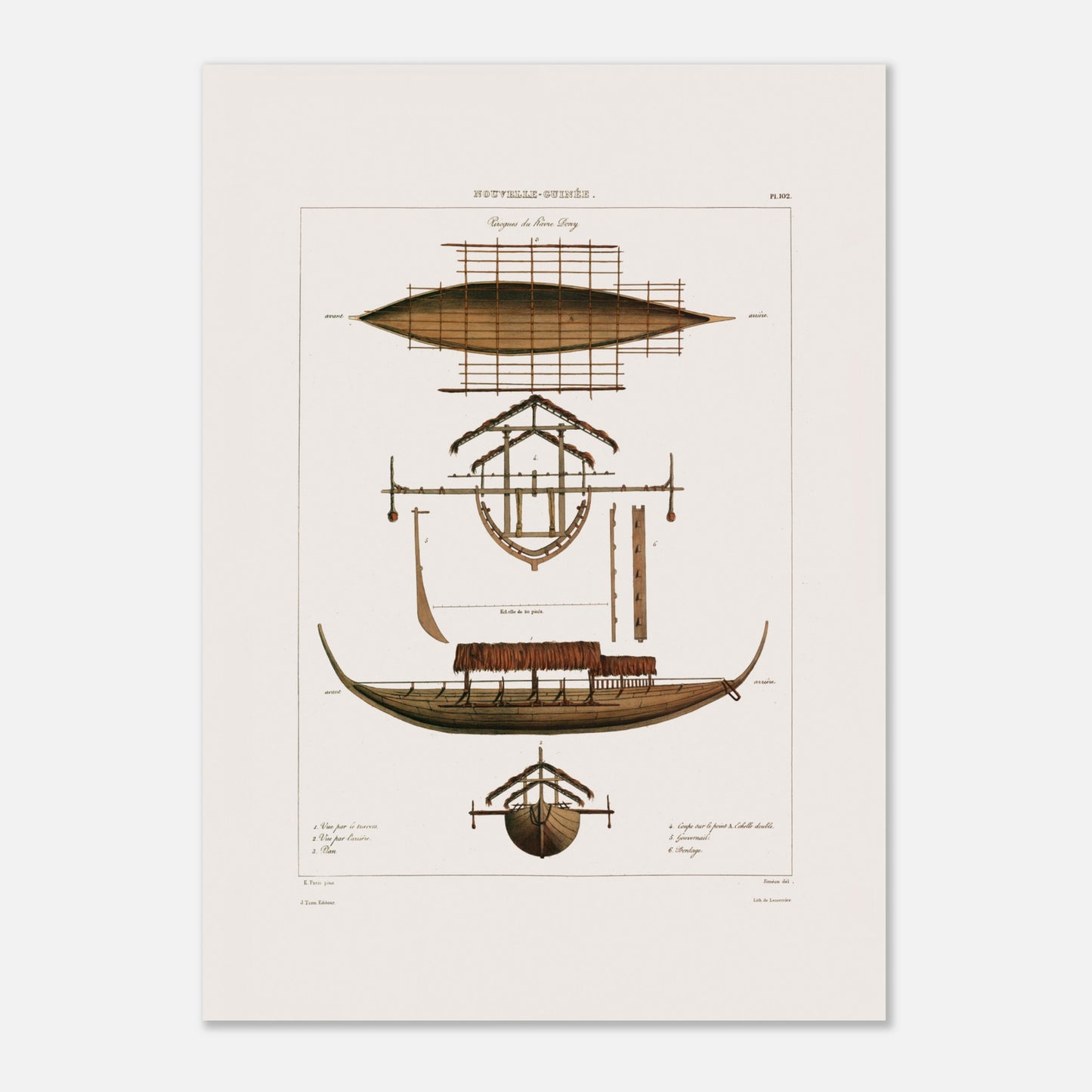 Planche : Grande pirogue Corocore de Nouvelle-Guinée (Astrolabe) (50x70 cm). Gravure ancienne représentant des pirogues de Nouvelle-Guinée, avec des vues en plan, coupe et élévation, détaillant la structure et les0paddles.