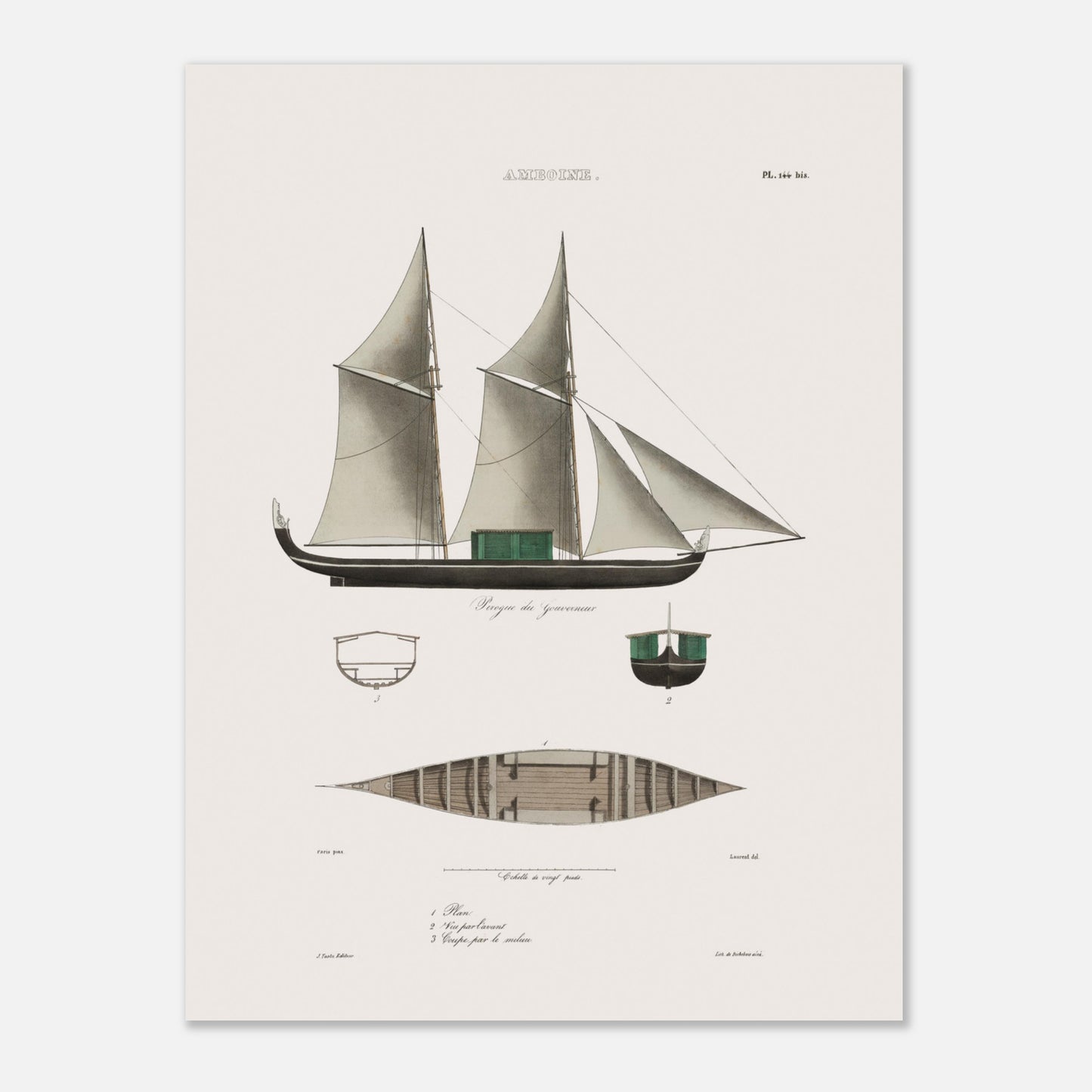 Planche navale de la pirogue du gouverneur aux Moluques (Astrolabe) (30x40 cm). Cette illustration montre la vue latérale d'une pirogue à deux mâts avec des voiles, ainsi que des vues en coupe et en plan de la coque.