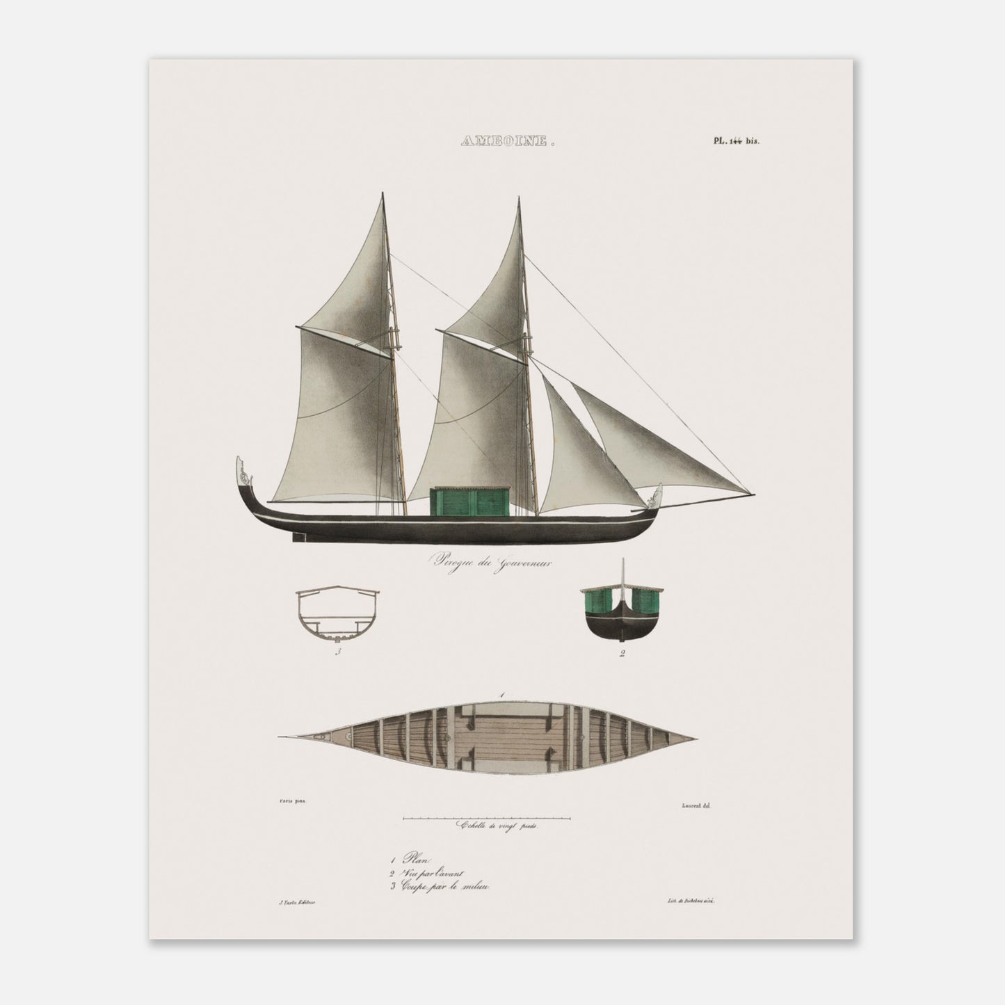 Planche navale de la pirogue du gouverneur aux Moluques (Astrolabe) (40x50 cm). Cette illustration montre la vue latérale d'une pirogue à deux mâts avec des voiles, ainsi que des vues en coupe et en plan de la coque.