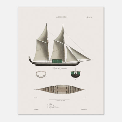 Planche navale de la pirogue du gouverneur aux Moluques (Astrolabe) (40x50 cm). Cette illustration montre la vue latérale d'une pirogue à deux mâts avec des voiles, ainsi que des vues en coupe et en plan de la coque.