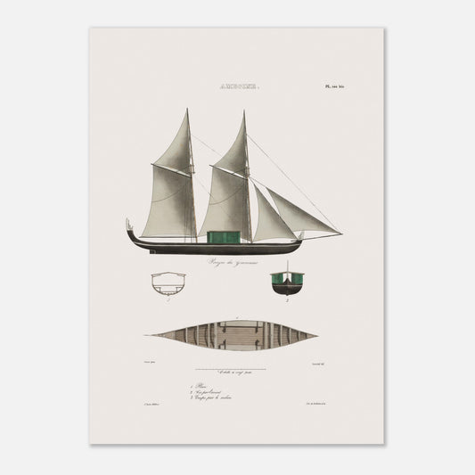 Planche navale de la pirogue du gouverneur aux Moluques (Astrolabe) (42x59,4 cm (A2)). Cette illustration montre la vue latérale d'une pirogue à deux mâts avec des voiles, ainsi que des vues en coupe et en plan de la coque.