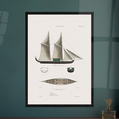 Planche navale de la pirogue du gouverneur aux Moluques (Astrolabe). Cette illustration montre la vue latérale d'une pirogue à deux mâts avec des voiles, ainsi que des vues en coupe et en plan de la coque. Image d'illustration 5