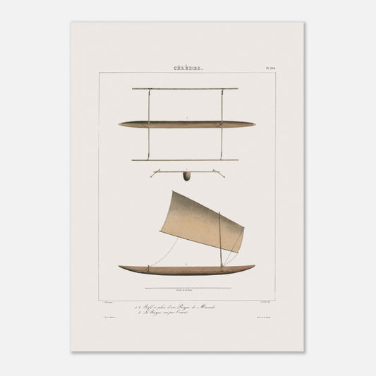 Planche d'une pirogue traditionnelle de Manado aux Célèbes - Expédition Astrolabe (42x59,4 cm (A2)). Gravure présentant une pirogue traditionnelle de Manado aux Célèbes, avec des vues de profil, de plan et des détails de la coque.
