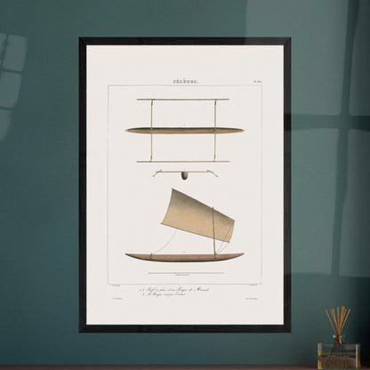Planche d'une pirogue traditionnelle de Manado aux Célèbes - Expédition Astrolabe. Gravure présentant une pirogue traditionnelle de Manado aux Célèbes, avec des vues de profil, de plan et des détails de la coque. Image d'illustration 5