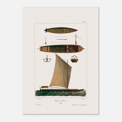 Planche de pirogues traditionnelles de Batavia à Java - Expédition Astrolabe (29,7x42 cm (A3)). Gravure montrant plusieurs vues d'une pirogue traditionnelle de Batavia à Java, avec sa voile, ses rames et sa coque.