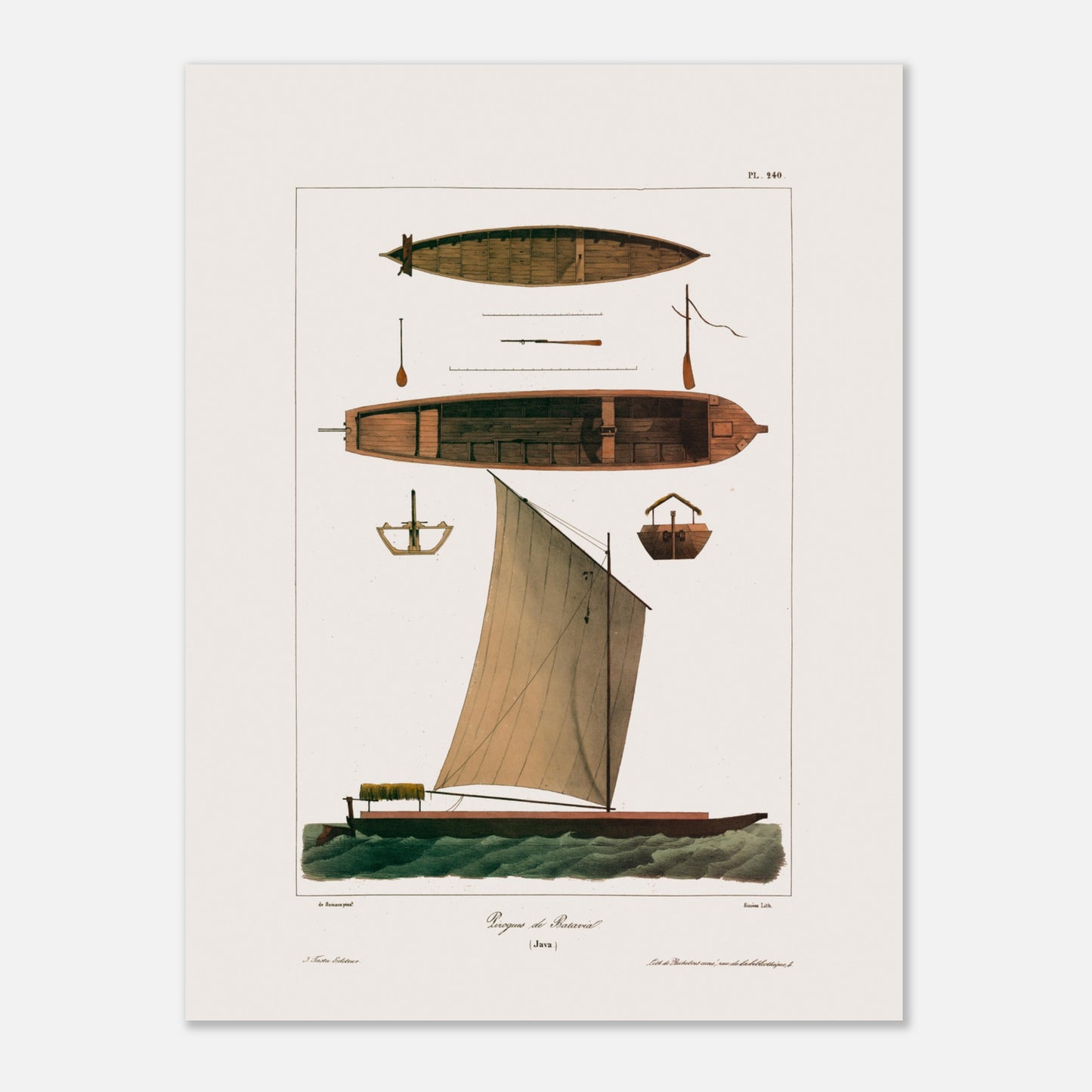 Planche de pirogues traditionnelles de Batavia à Java - Expédition Astrolabe (30x40 cm). Gravure montrant plusieurs vues d'une pirogue traditionnelle de Batavia à Java, avec sa voile, ses rames et sa coque.