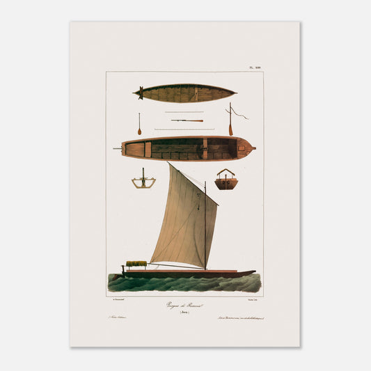 Planche de pirogues traditionnelles de Batavia à Java - Expédition Astrolabe (42x59,4 cm (A2)). Gravure montrant plusieurs vues d'une pirogue traditionnelle de Batavia à Java, avec sa voile, ses rames et sa coque.