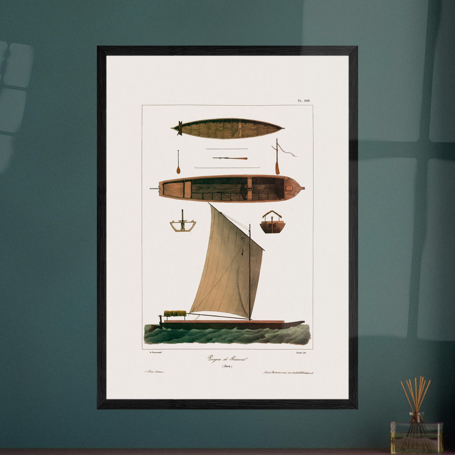 Planche de pirogues traditionnelles de Batavia à Java - Expédition Astrolabe. Gravure montrant plusieurs vues d'une pirogue traditionnelle de Batavia à Java, avec sa voile, ses rames et sa coque. Image d'illustration 5