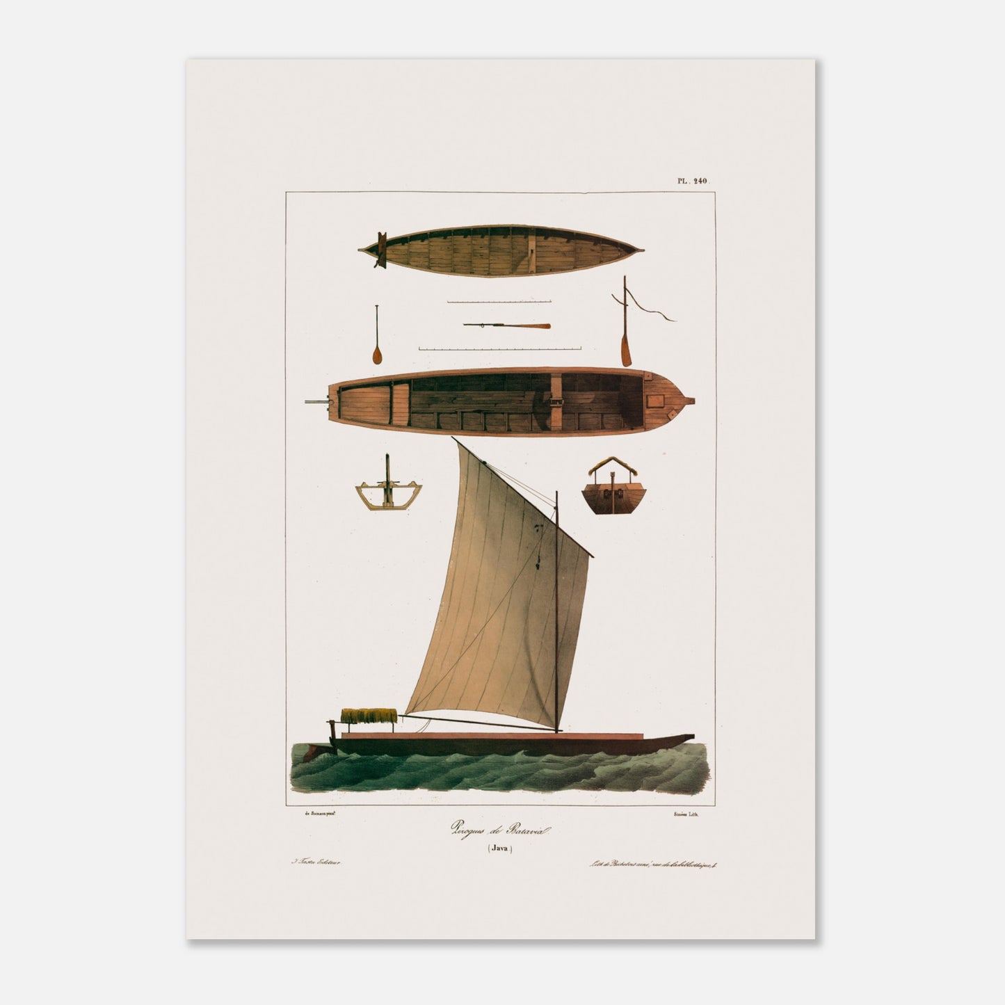 Planche de pirogues traditionnelles de Batavia à Java - Expédition Astrolabe (50x70 cm). Gravure montrant plusieurs vues d'une pirogue traditionnelle de Batavia à Java, avec sa voile, ses rames et sa coque.