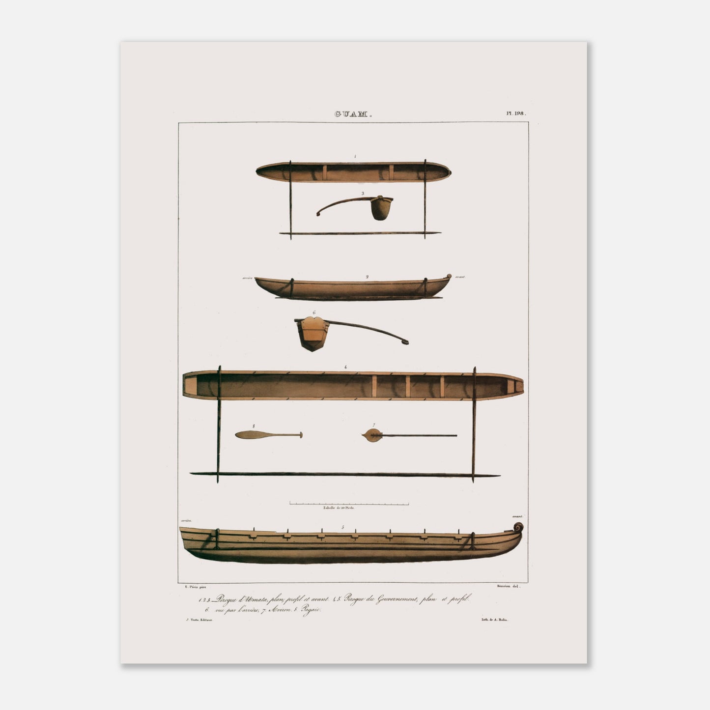 Planche de pirogues du Gouvernement et d'Umata à Guam (Îles Mariannes) (30x40 cm). Gravure ancienne présentant plusieurs vues de pirogues de Guam, avec des détails tels que des rames et des avirons, accompagnées de légendes numérotées en français. Le titre "GUAM." est visible en haut.