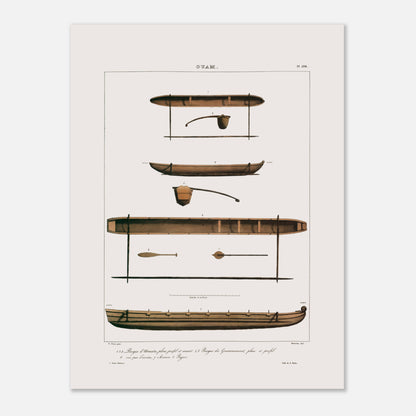 Planche de pirogues du Gouvernement et d'Umata à Guam (Îles Mariannes) (30x40 cm). Gravure ancienne présentant plusieurs vues de pirogues de Guam, avec des détails tels que des rames et des avirons, accompagnées de légendes numérotées en français. Le titre "GUAM." est visible en haut.