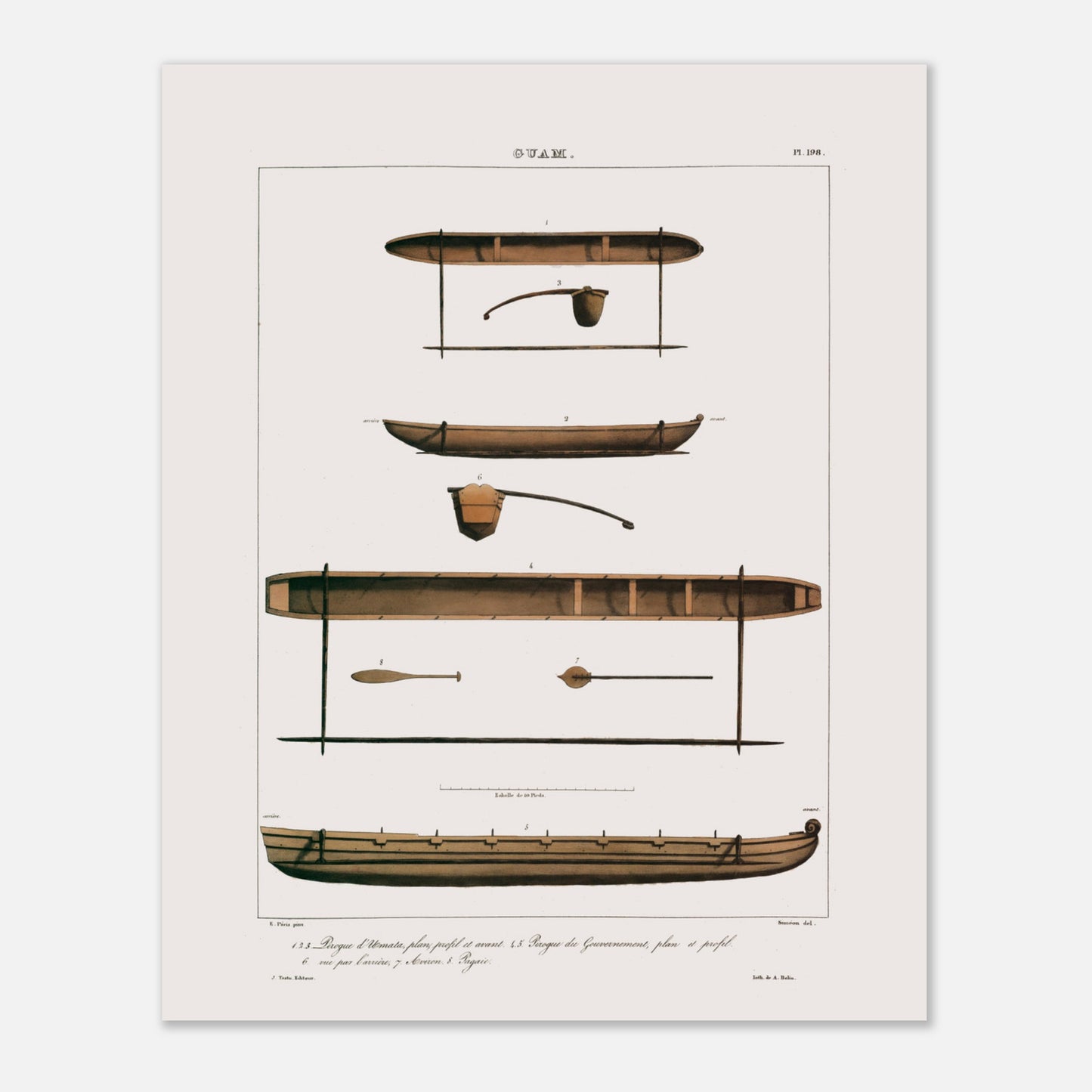 Planche de pirogues du Gouvernement et d'Umata à Guam (Îles Mariannes) (40x50 cm). Gravure ancienne présentant plusieurs vues de pirogues de Guam, avec des détails tels que des rames et des avirons, accompagnées de légendes numérotées en français. Le titre "GUAM." est visible en haut.
