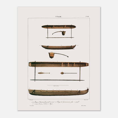 Planche de pirogues du Gouvernement et d'Umata à Guam (Îles Mariannes) (40x50 cm). Gravure ancienne présentant plusieurs vues de pirogues de Guam, avec des détails tels que des rames et des avirons, accompagnées de légendes numérotées en français. Le titre "GUAM." est visible en haut.