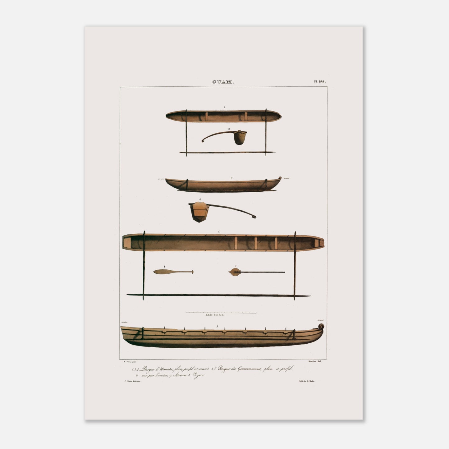 Planche de pirogues du Gouvernement et d'Umata à Guam (Îles Mariannes) (42x59,4 cm (A2)). Gravure ancienne présentant plusieurs vues de pirogues de Guam, avec des détails tels que des rames et des avirons, accompagnées de légendes numérotées en français. Le titre "GUAM." est visible en haut.