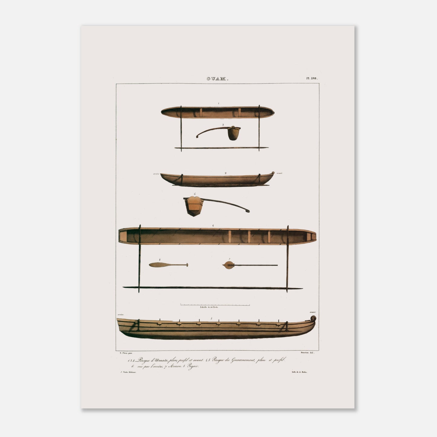 Planche de pirogues du Gouvernement et d'Umata à Guam (Îles Mariannes) (50x70 cm). Gravure ancienne présentant plusieurs vues de pirogues de Guam, avec des détails tels que des rames et des avirons, accompagnées de légendes numérotées en français. Le titre "GUAM." est visible en haut.