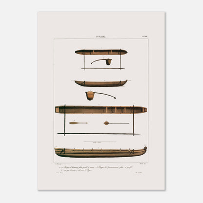 Planche de pirogues du Gouvernement et d'Umata à Guam (Îles Mariannes) (50x70 cm). Gravure ancienne présentant plusieurs vues de pirogues de Guam, avec des détails tels que des rames et des avirons, accompagnées de légendes numérotées en français. Le titre "GUAM." est visible en haut.
