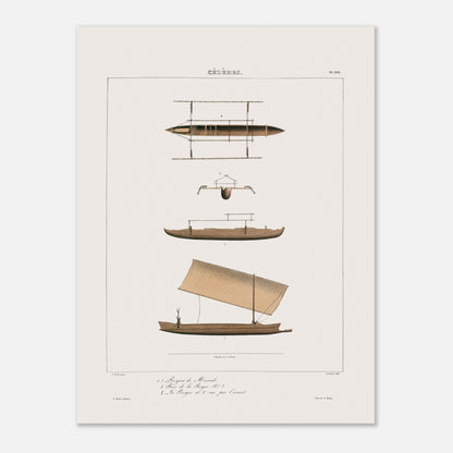 Planche ancienne des pirogues de Manado aux Célèbes (Astrolabe) (30x40 cm). Gravure ancienne de pirogues de Manado aux Célèbes, montrant différentes vues et détails, dont une pirogue à voile.