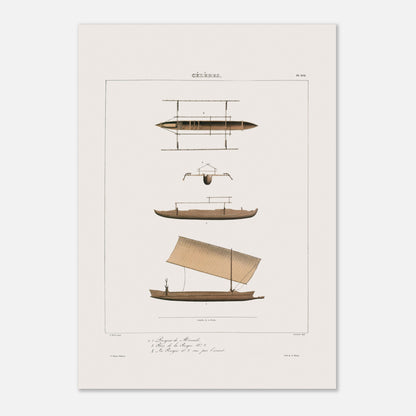 Planche ancienne des pirogues de Manado aux Célèbes (Astrolabe) (42x59,4 cm (A2)). Gravure ancienne de pirogues de Manado aux Célèbes, montrant différentes vues et détails, dont une pirogue à voile.