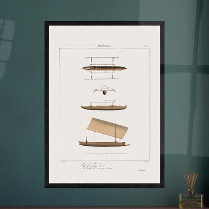 Planche ancienne des pirogues de Manado aux Célèbes (Astrolabe). Gravure ancienne de pirogues de Manado aux Célèbes, montrant différentes vues et détails, dont une pirogue à voile. Image d'illustration 5