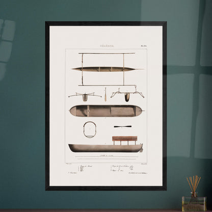 Planche de pirogues de Manado et du lac de Tondano - Célèbes - Astrolabe. Gravure de pirogues de Manado et du lac de Tondano aux Célèbes, avec des vues de profil, de plan et des détails de la coque et de la voile. Image d'illustration 5
