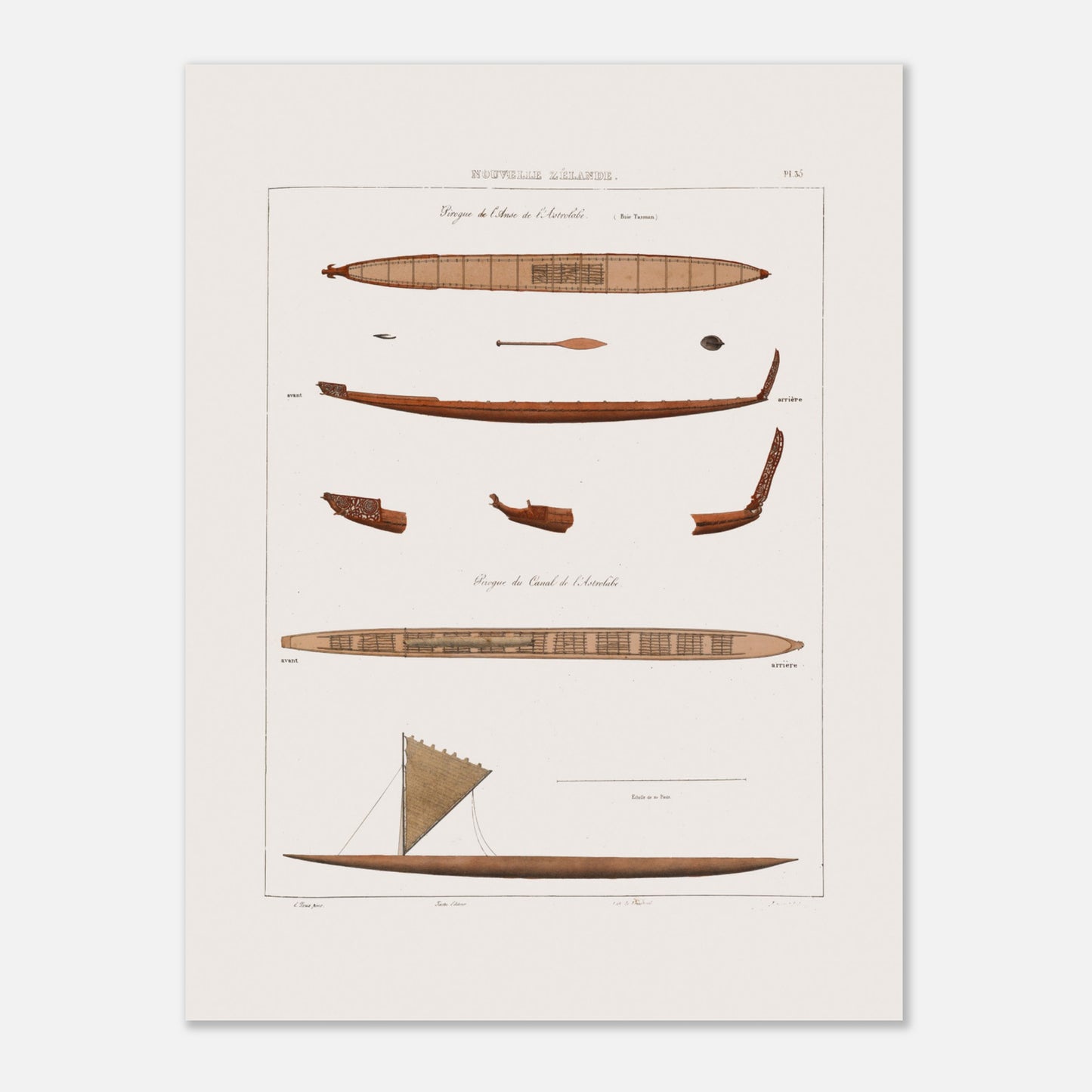 Planche technique : pirogues de Nouvelle-Zélande (Voyage de l'Astrolabe) (30x40 cm). Gravure ancienne de pirogues de Nouvelle-Zélande, incluant des vues en plan et une pirogue à voile, avec des décorations de proue.