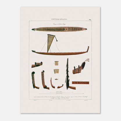 Planche de pirogues des baies de Tolaga et de Bream - Nouvelle-Zélande - Astrolabe (30x40 cm). Gravure illustrant des pirogues des baies de Tolaga et de Bream en Nouvelle-Zélande, montrant des détails de proue, de poupe, et de voiles.