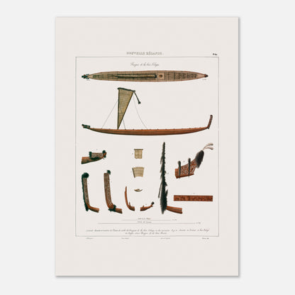 Planche de pirogues des baies de Tolaga et de Bream - Nouvelle-Zélande - Astrolabe (42x59,4 cm (A2)). Gravure illustrant des pirogues des baies de Tolaga et de Bream en Nouvelle-Zélande, montrant des détails de proue, de poupe, et de voiles.