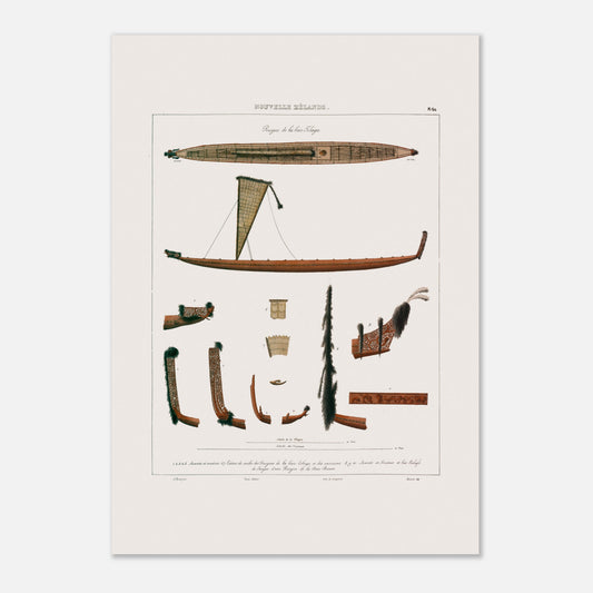 Planche de pirogues des baies de Tolaga et de Bream - Nouvelle-Zélande - Astrolabe (42x59,4 cm (A2)). Gravure illustrant des pirogues des baies de Tolaga et de Bream en Nouvelle-Zélande, montrant des détails de proue, de poupe, et de voiles.